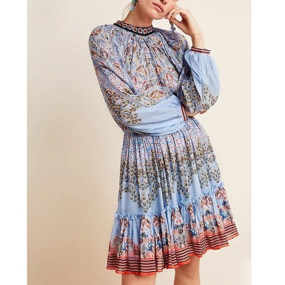 ANTHROPOLOGIE Bhanuni by Jyoti Dress Womens XS Petite Blue Floral Boho